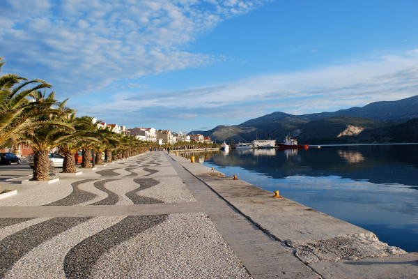 The seafront promenade of the town of Argostoli on Kefalonia island.