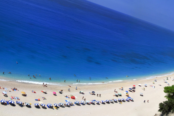 A panoramic photo of the famous beach of Lefkada called Egremni.