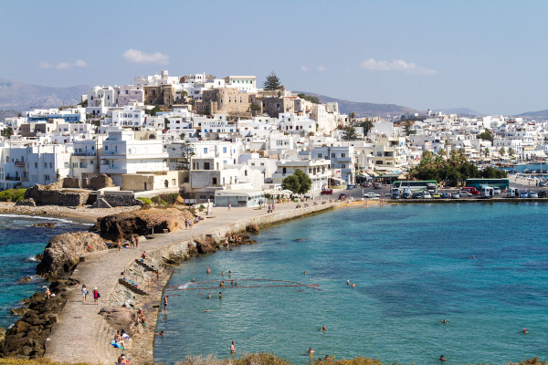 A photo showing a part of the main settlement of Naxos (Chora) taken from the hill of the Portara monument.