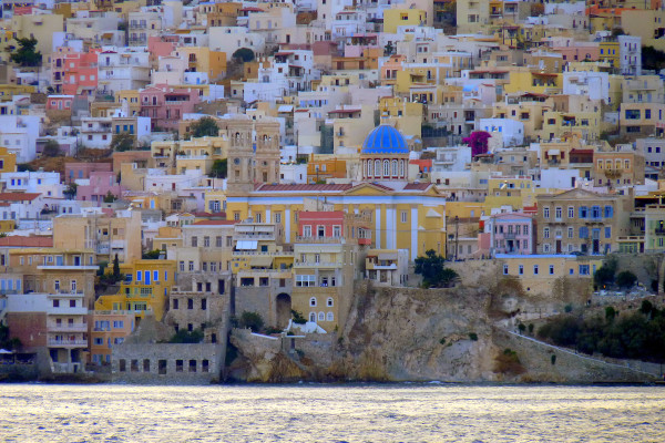 A close up picture showing a part of the colorful settlement of Ermoupoli.