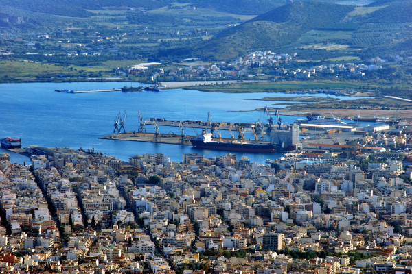 An overview of a part of Volos including the port of the city.