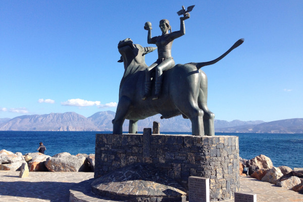 The statue of the Abduction of Europe at the harbor of Agios Nikolaos in Crete.