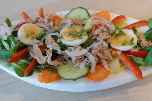 A close-up image depicting a salad with tuna, eggs and vegetables.