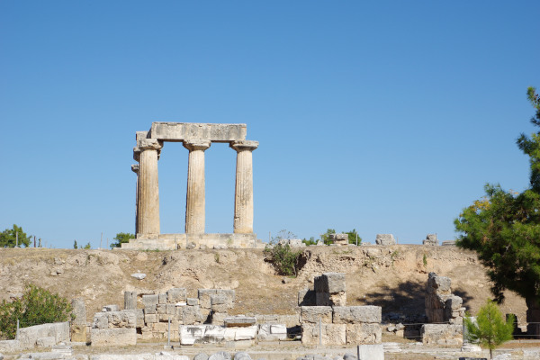 Remains of the temple of Apollo in the Archeological Site of Ancient Corinth.