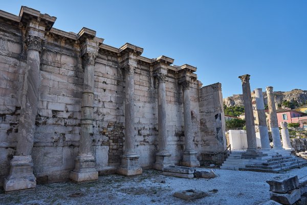 Ruins of a wall and columns at Hadrian's Library, Athens.