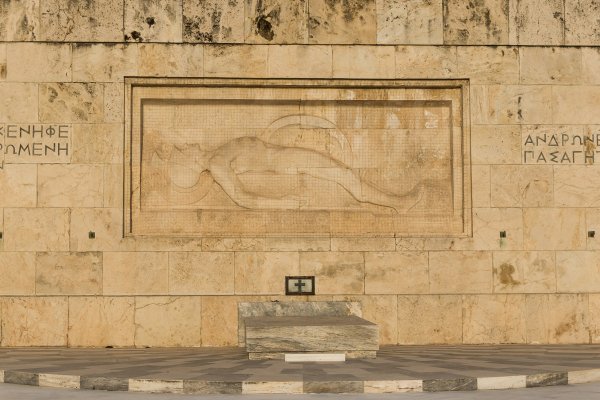 The Greek Monument to the Unknown Soldier depicts a hoplite fallen by his shield.
