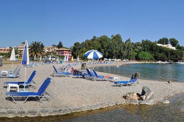The pebble Gouvia beach with sunbeds, a groups of trees, and a few residential buildings in the background.