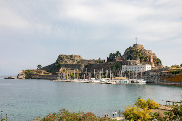 An overview of the peninsula that hosts the Old Venetian Fortress in the old town of Corfu.