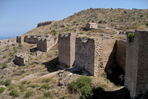 The remaining walls of the fortifications of the Acrocorinth Castle of Corinth.