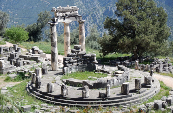 The vaulted temple (Tholos) that is a part of the Athena Pronaia Temple in Delphi.