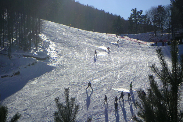 A snowy slope of Elatochori ski resort with ski-lovers going downhill under the sun shining.