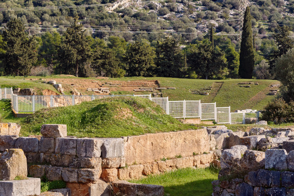 A picture of the Ancient Theatre of Eretria that is behind the fence and below the trees surrounding the site.