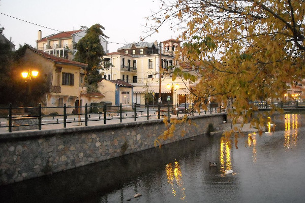 The Sakoulevas river in Florina and buildings of traditional architecture on the shore.