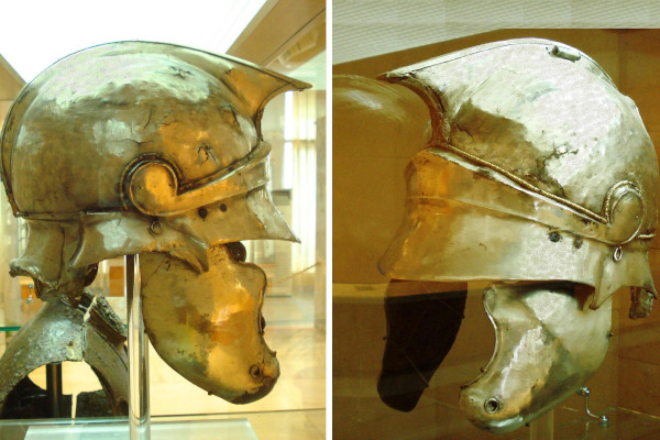 The silver helmet of the king of Epirus Pyrrhus, displayed in the Archaeological Museum of Igoumenitsa.