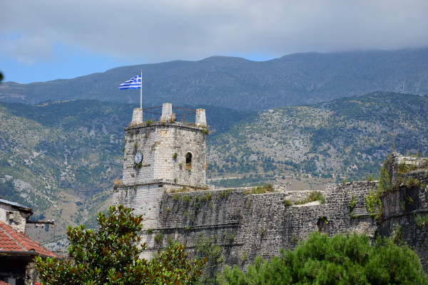 The bastion of the Castle of Ioannina with a Greek flag on the top.