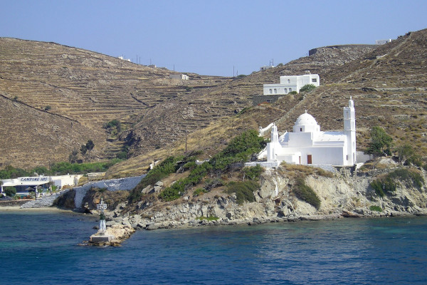 A picture taken from the sea that shows the St Irini Church to the north of Ios Port.