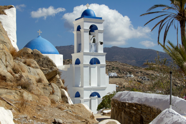 The church of Panagia Gremniotissa (Virgin Mary of the Cliff) on the the highest point of Chora in Ios.