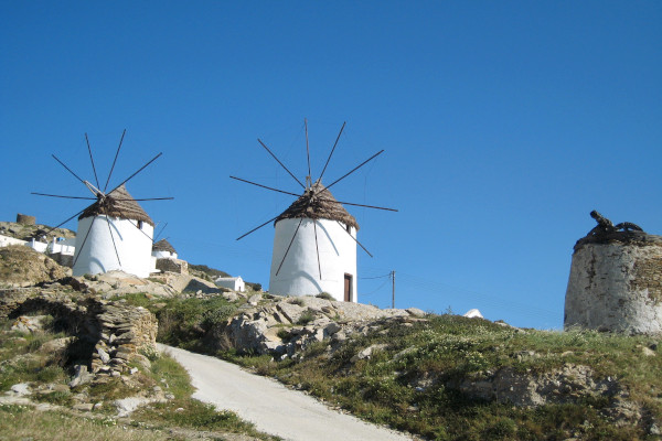 Three windmills (two restored ones) which are located on the hill to the north of the Chora of Ios.