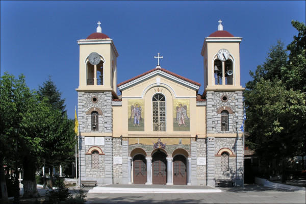 The front side of the Cathedral of Kalavrita dedicated to the Assumption of the Virgin Mary.