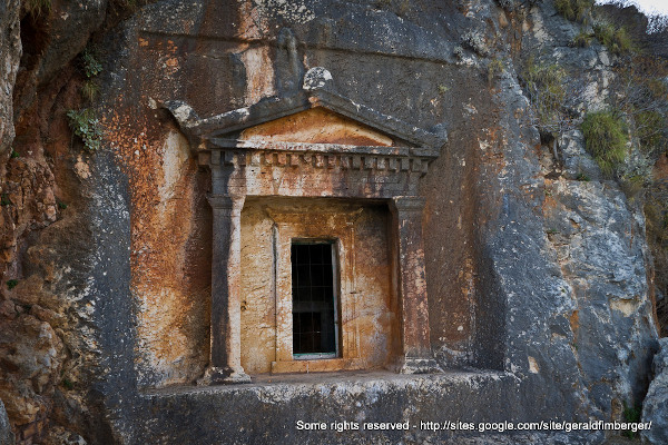 A photo showing the rock-carved Lycaean Tomb on the island of Kastellorizo.