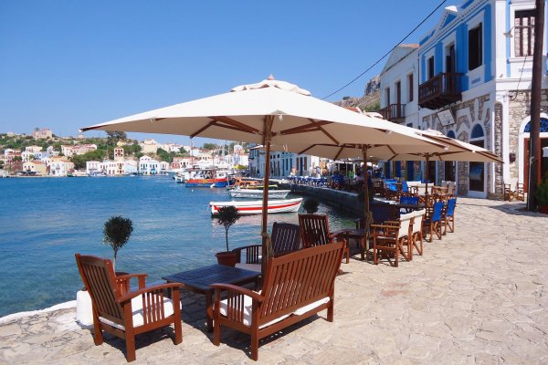 Tables of cafeterias at the seafront promenade of Kastellorizo.