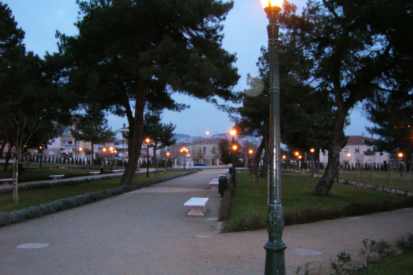 The paths of the Municipal Park of Kozani among the trees during the evening.