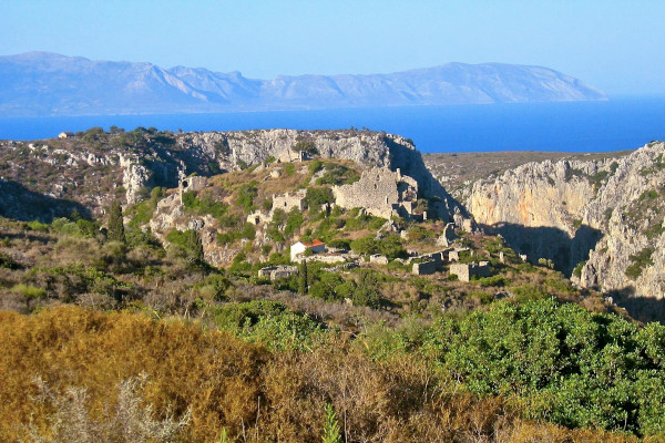 The ruins of the destroyed and abandoned town of Palaiochora in Kythira.