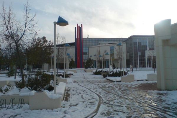The front part of the Municipal Art Gallery of Larissa, during a snowy winter day.