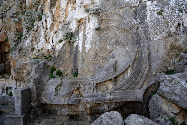 A picture showing the relief of a Rhodian galley at the entrance of the ancient Acropolis of Lindos.