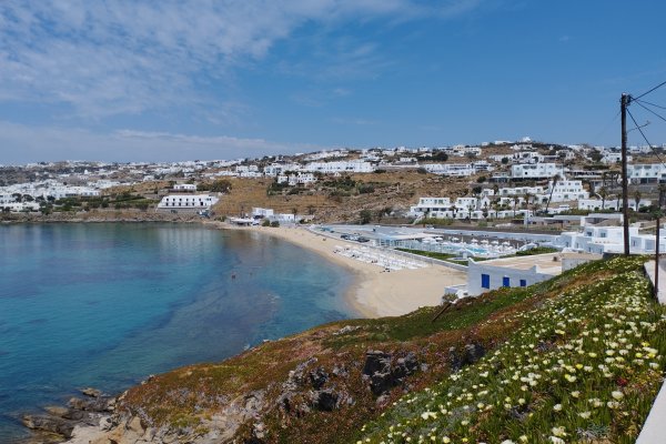 The Megali Ammos Beach as seen from the road from Ormos to Chora.