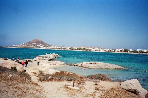 A panoramic view of the beach of Agia Anna on the island of Naxos.