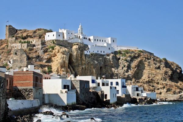 A picture showing the monastery of  Panagia Spiliani on the high rock of Mandraki on Nisyros.