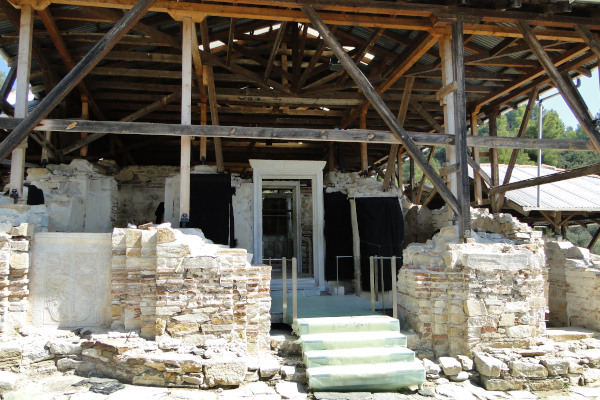 The remains and the main entrance of the main church of the ancient monastery of Zygos.