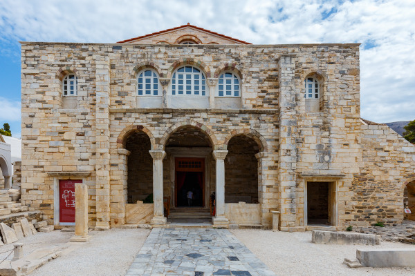 The front side and the main entrance of the Panagia Ekatontapiliani church in Parikia the central village of Paros.