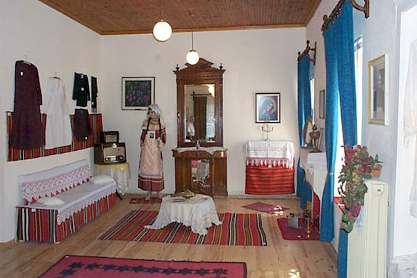 The interior of the Folklore Museum of Polygyros that resembles a typical traditional room of the past.