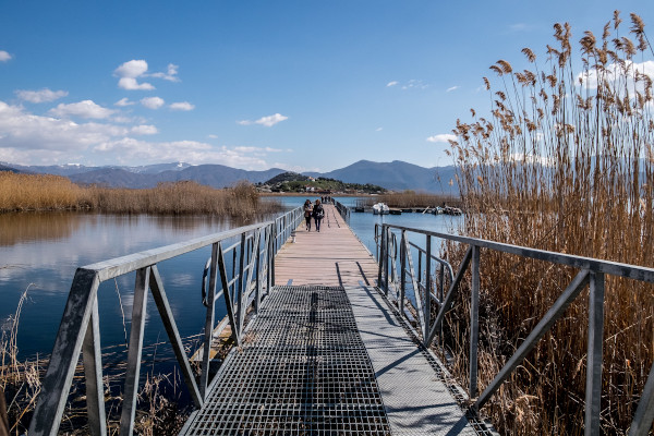 The pedestrian bridge that connects the island of Agios Achillios in Small Prespa with the mainland.