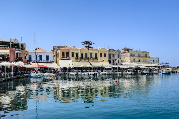 A part of the Old Venetian Harbour of Rethymno including the coastal cafeterias and restaurants.