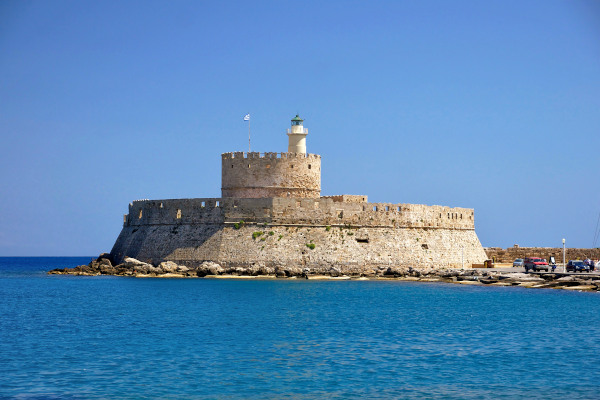 A picture showing the Fort of St. Nicholas, at the port of Rhodes Town.