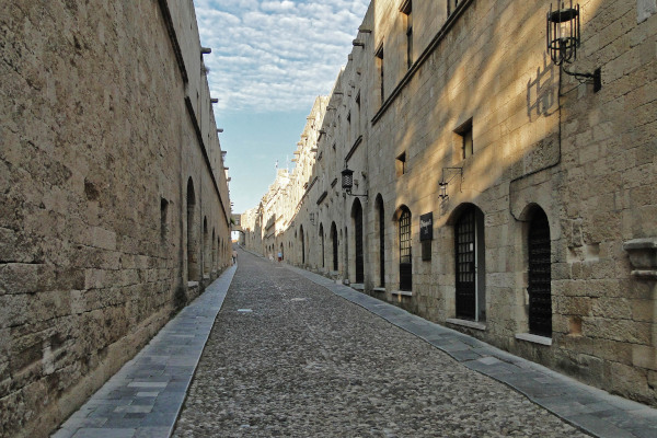 Buildings aligned in the Street of Knights in the Old Medieval Town of Rhodes.