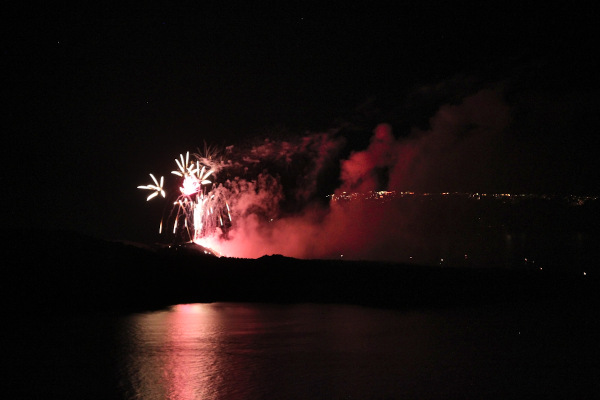 Fireworks over the volcano of Santorini during the Ifestia (Volcano) Festival.