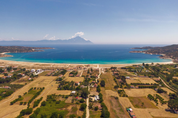 An aerial photo showing the beach of Sykia at Sithonia Halkidiki.