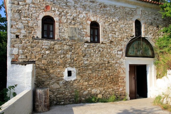The entrance the stone-built wall of the Panagia Eikonistria Monastery, Skiathos.