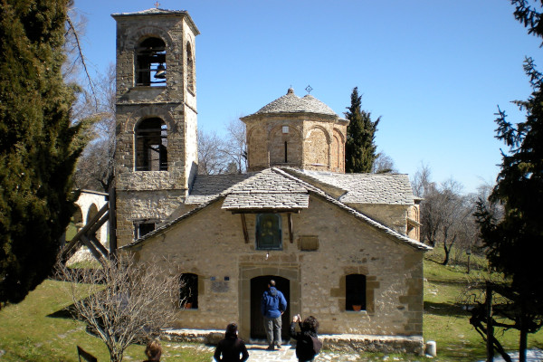 The main entrance of the main church of the monastery of the Assumption of Mary at Spilaio, Grevena.