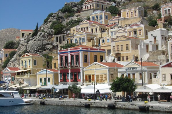 A part of Gialos Settlement on Symi island by its natural bay.