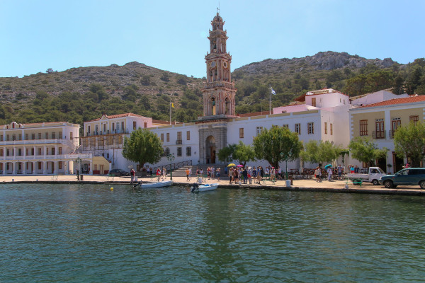 A picture of the front side and the main entrance of the Monastery of Archangel Michael Panormitis on Symi.