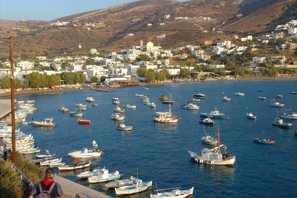 A bay with numerous fishing boats anchored and white houses on the land.