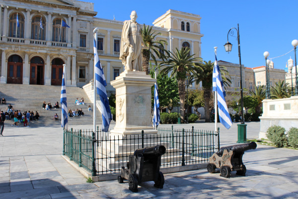 The statue of Miaoulis at the homonymous square of Ermoupoli in front of the Town Hall of the city.