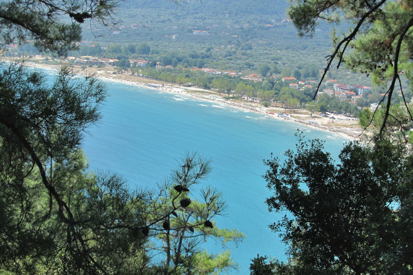 A picture of the beach of Chrysi Ammoudia on Thasos framed among mountain trees.