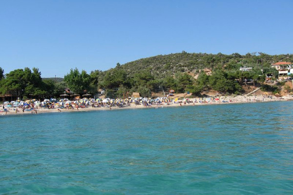 A photo taken from the sea shows the beach of Psili Ammos on Thasos island.