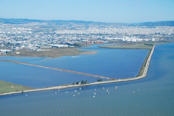 An artificial lagoon separated by the sea with a dyke with flamingos on one side and the vast urban complex in the background.